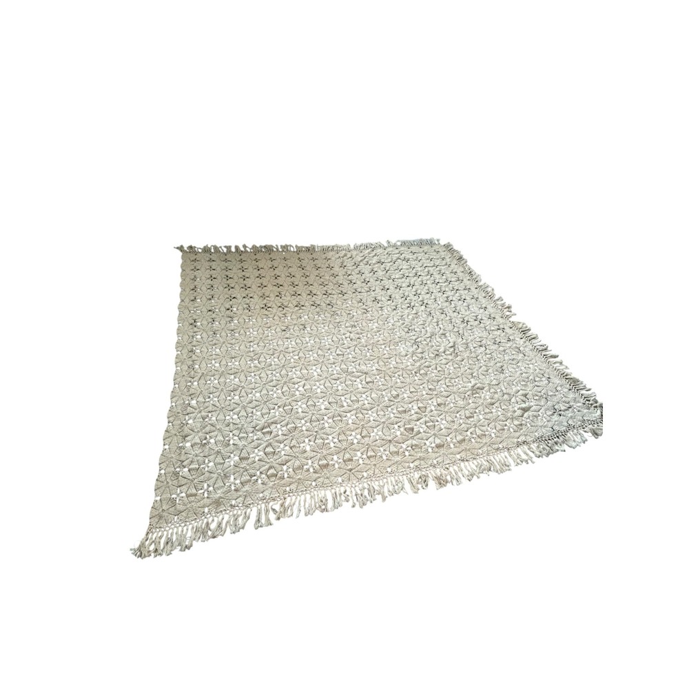 Vintage Handmade Crochet Lace Bedspread Boho Floral Starburst Fringe Cream 85x78